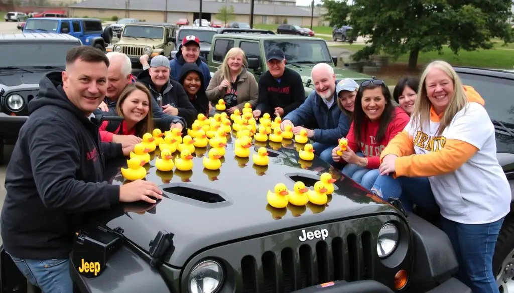 A diverse group of Jeep owners participating in a Jeep Ducking event for charity A diverse group of Jeep owners participating in a Jeep Ducking event for charity