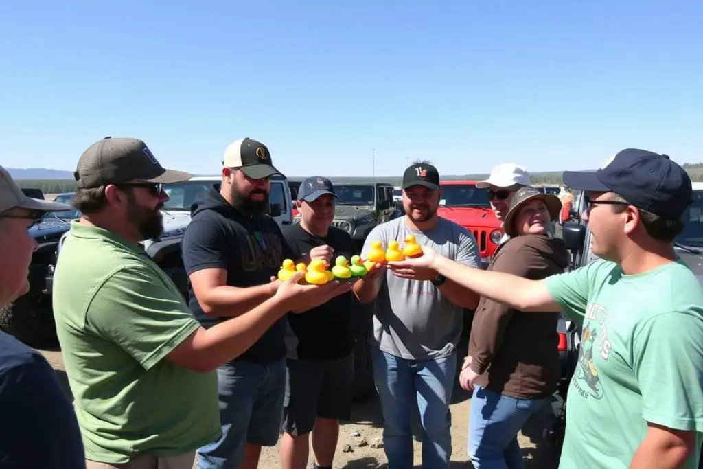 A group of Jeep enthusiasts at a Jeep meetup exchanging rubber ducks A group of Jeep enthusiasts at a Jeep meetup exchanging rubber ducks
