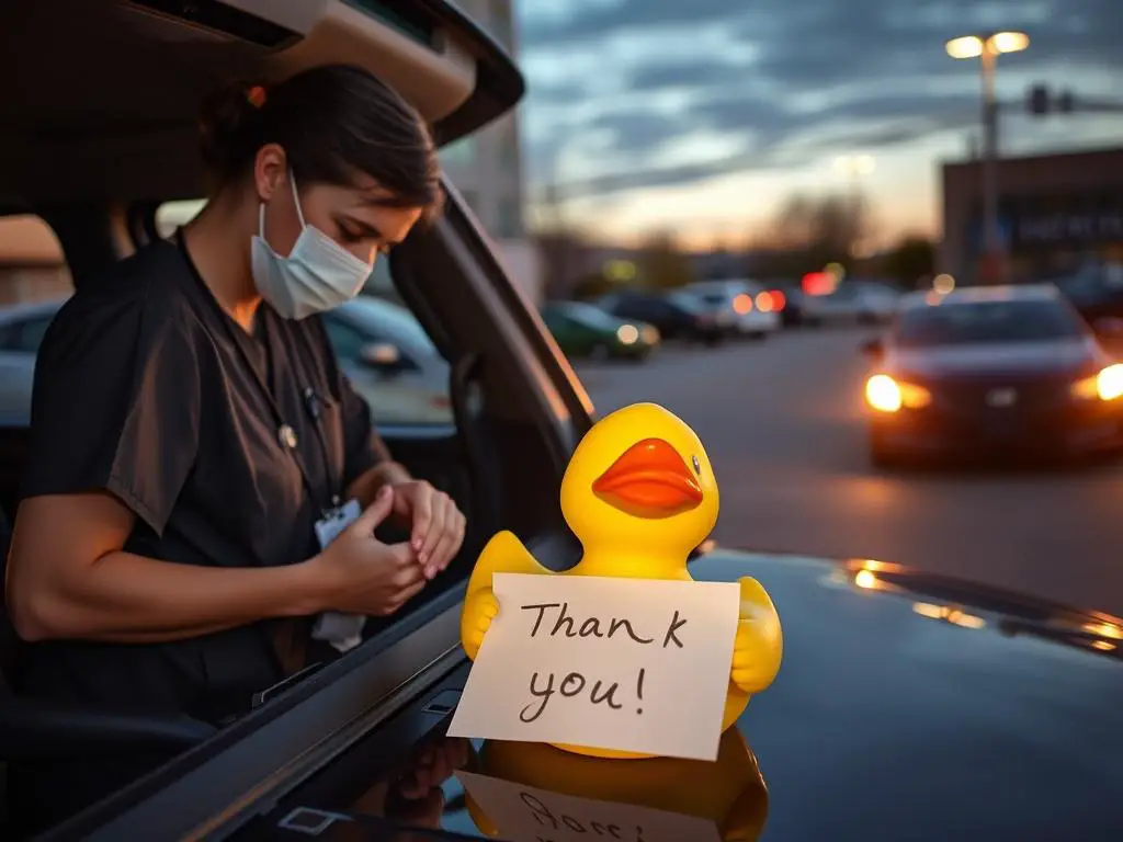A healthcare worker finding a rubber duck on their Jeep after a long shift A healthcare worker finding a rubber duck on their Jeep after a long shift