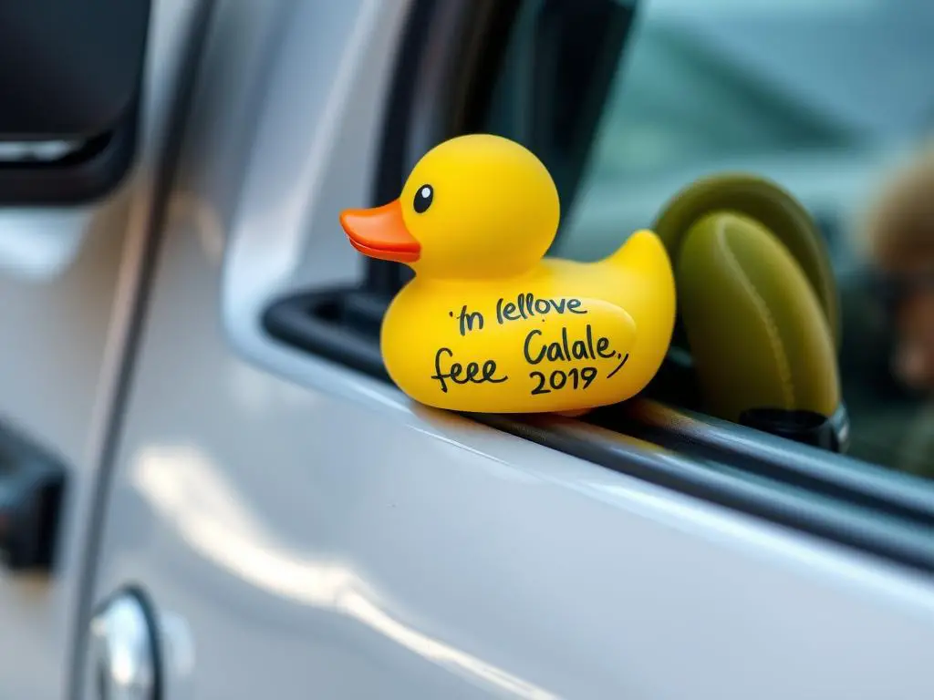 A rubber duck placed on a Jeep with an encouraging note A rubber duck placed on a Jeep with an encouraging note
