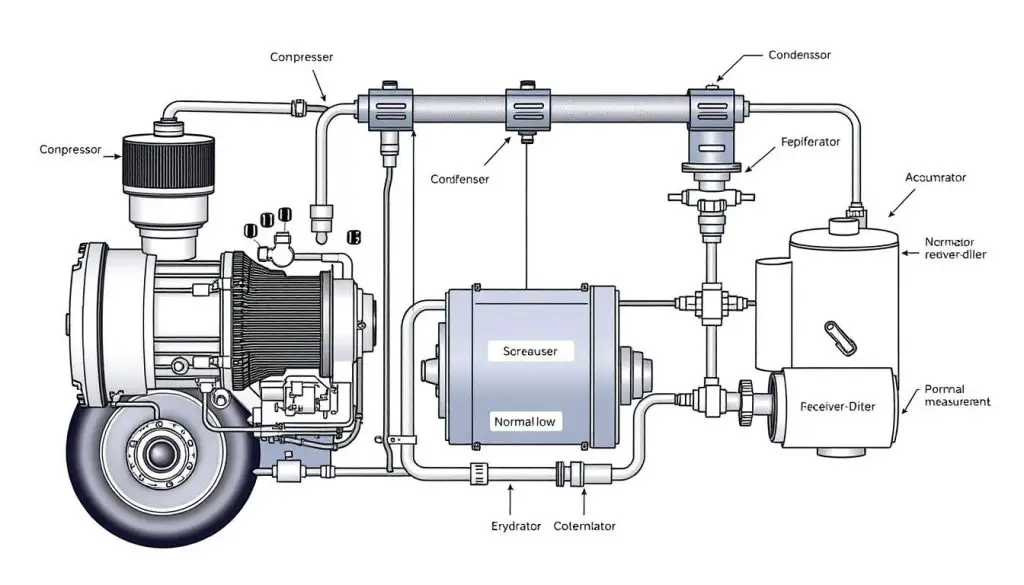 AC system diagram showing pressure points and components AC system diagram showing pressure points and components