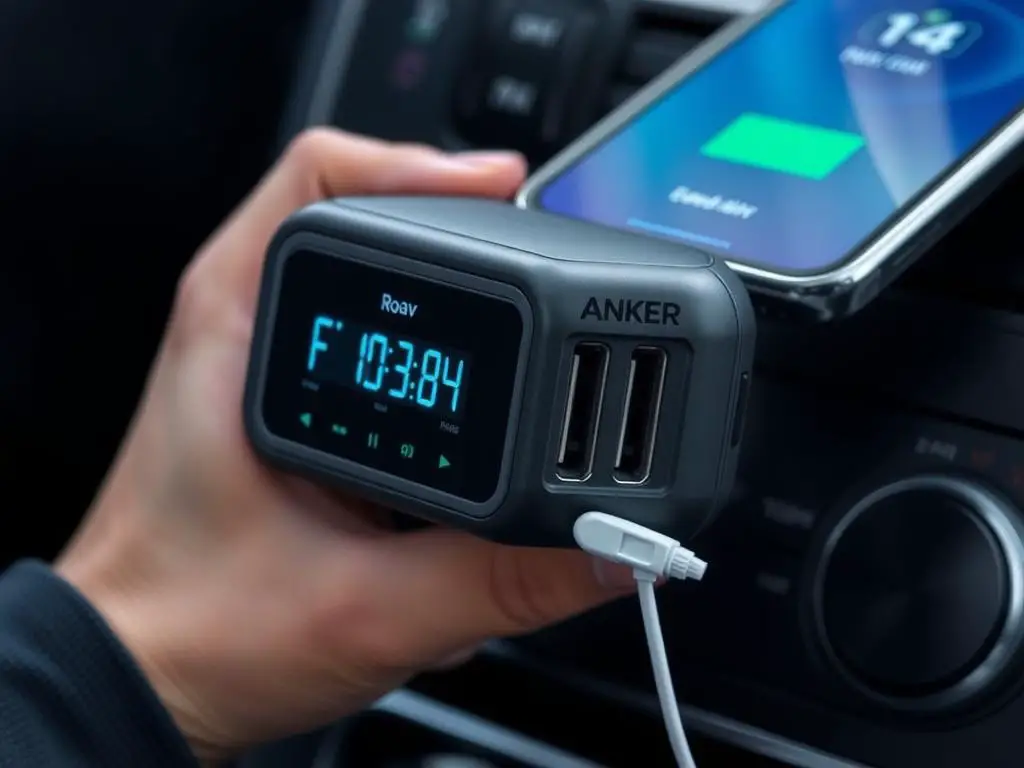 Anker Roav SmartCharge F3 Bluetooth FM Transmitter in use showing display and controls Anker Roav SmartCharge F3 Bluetooth FM Transmitter in use showing display and controls