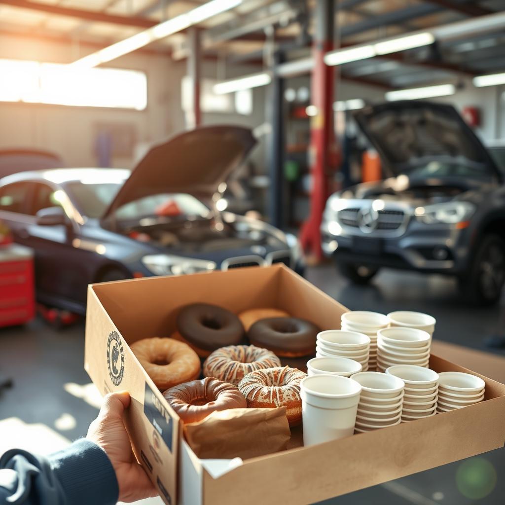 Box of donuts and coffee being delivered to auto mechanics Box of donuts and coffee being delivered to auto mechanics