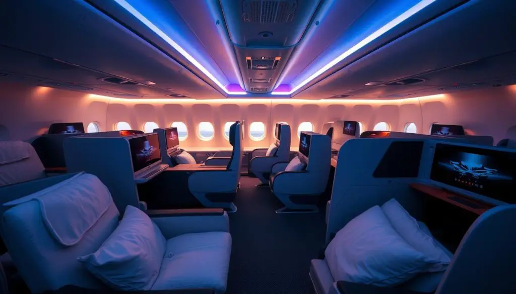 Business class cabin on an Airbus A350-900 showing lie-flat seats Business class cabin on an Airbus A350-900 showing lie-flat seats