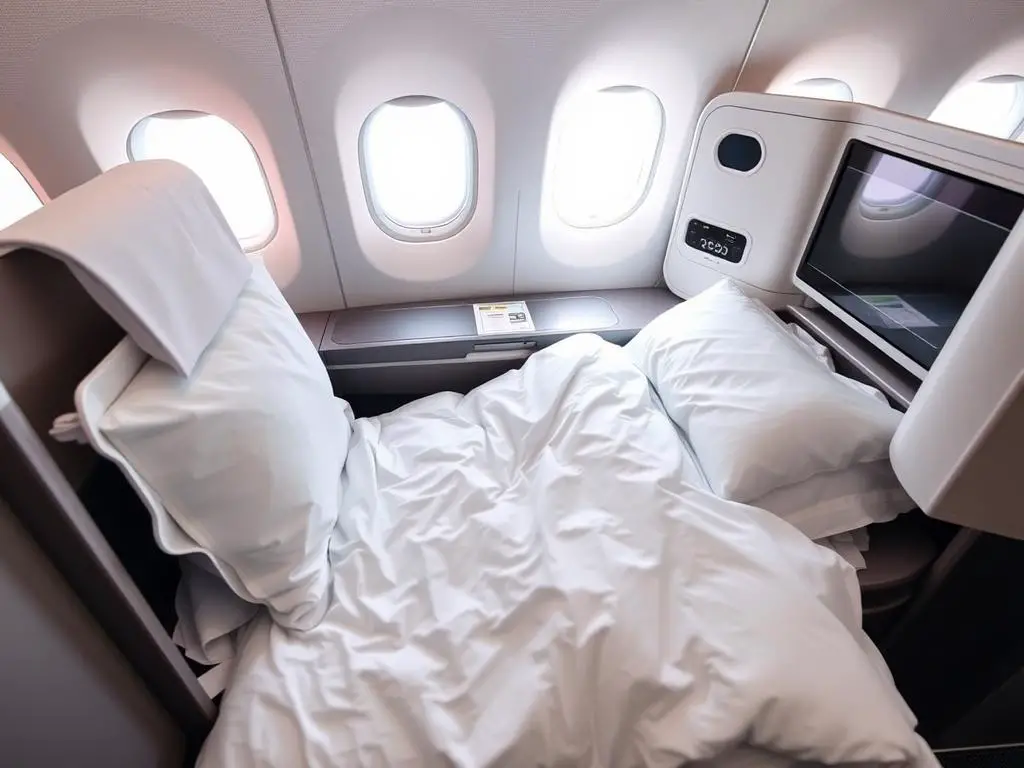 Business class seat on Airbus A350-900 in lie-flat position Business class seat on Airbus A350-900 in lie-flat position