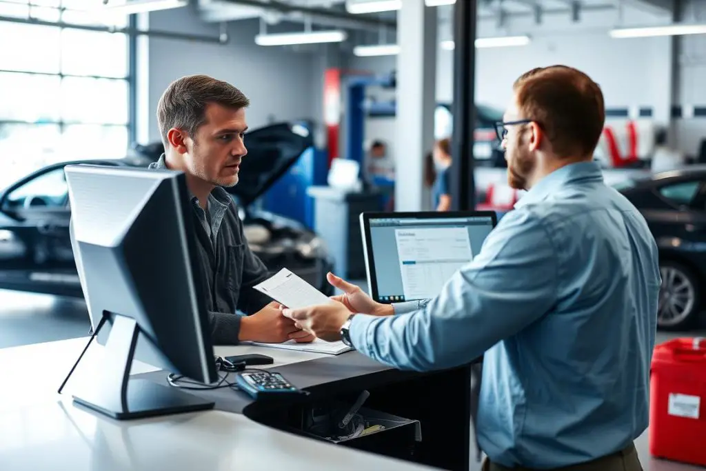 Customer asking questions at auto repair service counter Customer asking questions at auto repair service counter