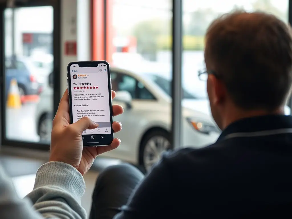 Customer leaving a positive online review for an auto repair shop Customer leaving a positive online review for an auto repair shop