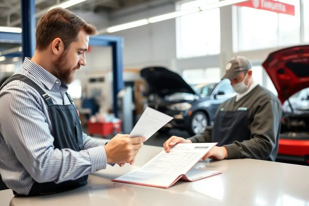 Customer reviewing auto repair bill with mechanic Customer reviewing auto repair bill with mechanic