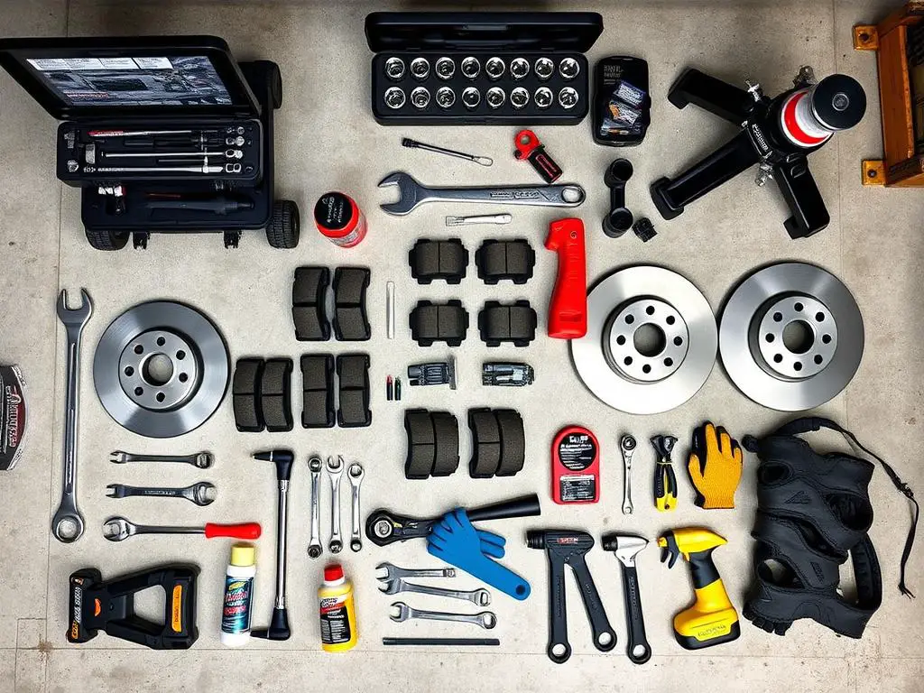 DIY Jeep Wrangler brake replacement tools and parts laid out for a home mechanic DIY Jeep Wrangler brake replacement tools and parts laid out for a home mechanic