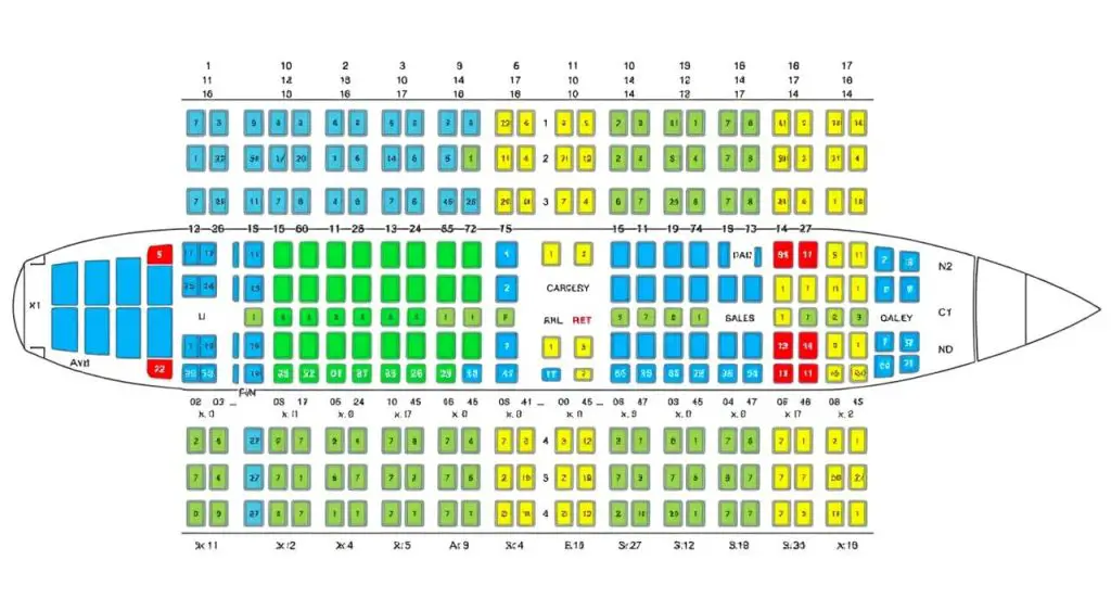 Detailed seat map of Boeing 737-800 showing the complete layout with color-coded sections for first class, premium economy, and standard economy Detailed seat map of Boeing 737-800 showing the complete layout with color-coded sections for first class, premium economy, and standard economy
