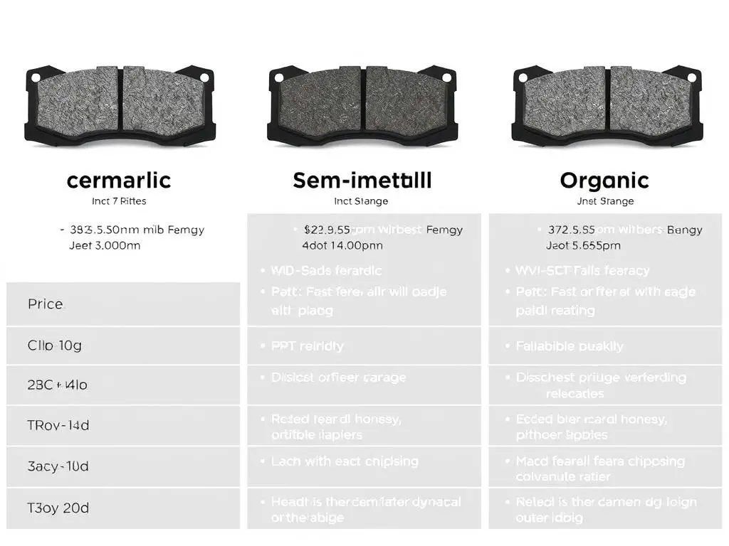 Different types of Jeep Wrangler brake pads showing ceramic, semi-metallic, and organic options with price comparisons Different types of Jeep Wrangler brake pads showing ceramic, semi-metallic, and organic options with price comparisons