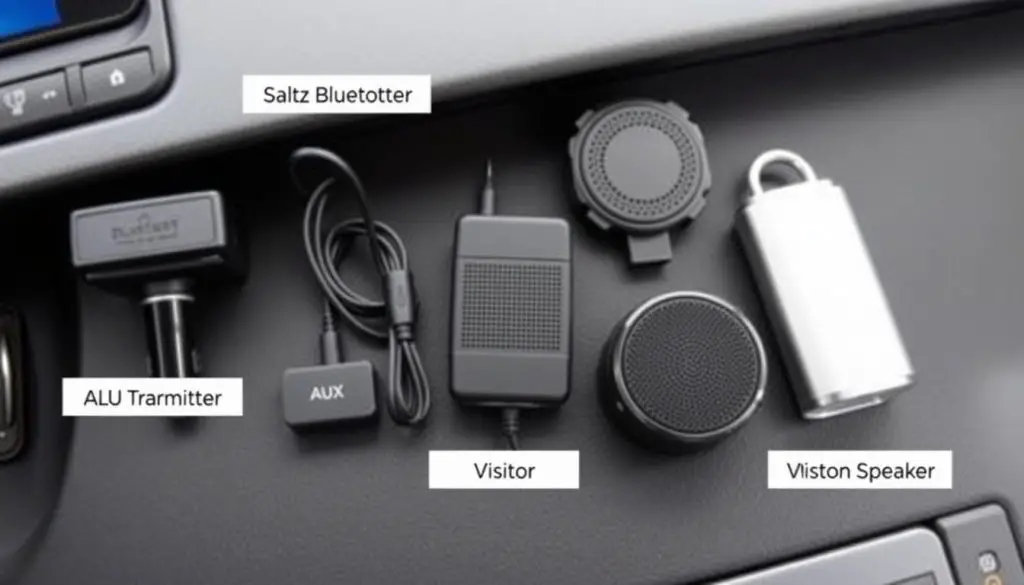 Different types of car Bluetooth devices including FM transmitters, AUX adapters, and visor speakers Different types of car Bluetooth devices including FM transmitters, AUX adapters, and visor speakers