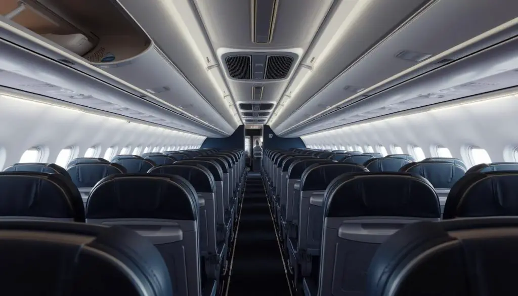 Economy cabin on a Boeing 737-800 showing the standard 3-3 seating configuration Economy cabin on a Boeing 737-800 showing the standard 3-3 seating configuration