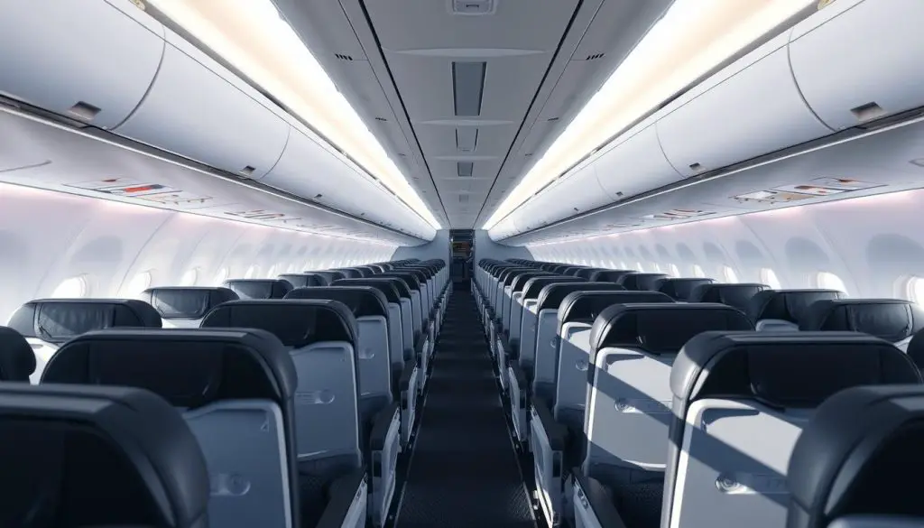 Economy cabin on an Airbus A350-900 showing the 3-3-3 configuration Economy cabin on an Airbus A350-900 showing the 3-3-3 configuration