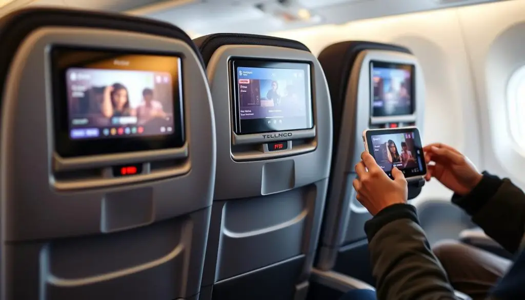 Entertainment options on Boeing 737-800 flights showing both seatback screens and personal device holders Entertainment options on Boeing 737-800 flights showing both seatback screens and personal device holders