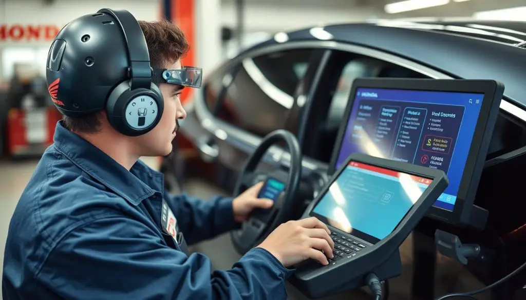 Honda technician performing diagnostic scan for beeping issues while driving Honda technician performing diagnostic scan for beeping issues while driving