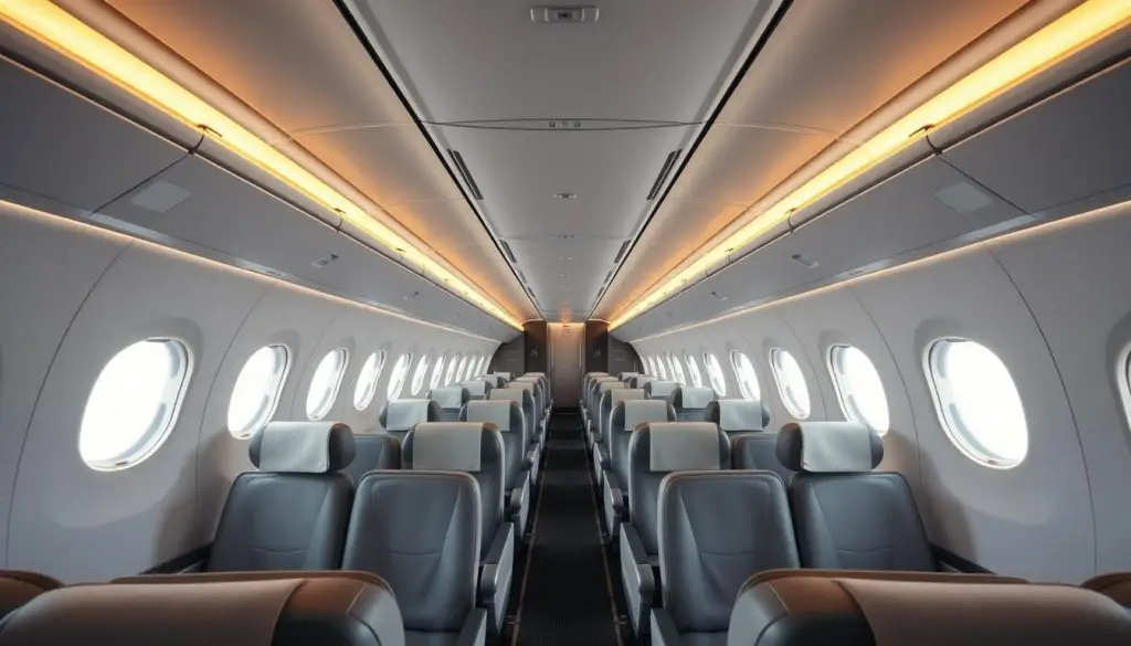 Interior cabin view of an Airbus A350-900 showing the spacious cabin layout Interior cabin view of an Airbus A350-900 showing the spacious cabin layout