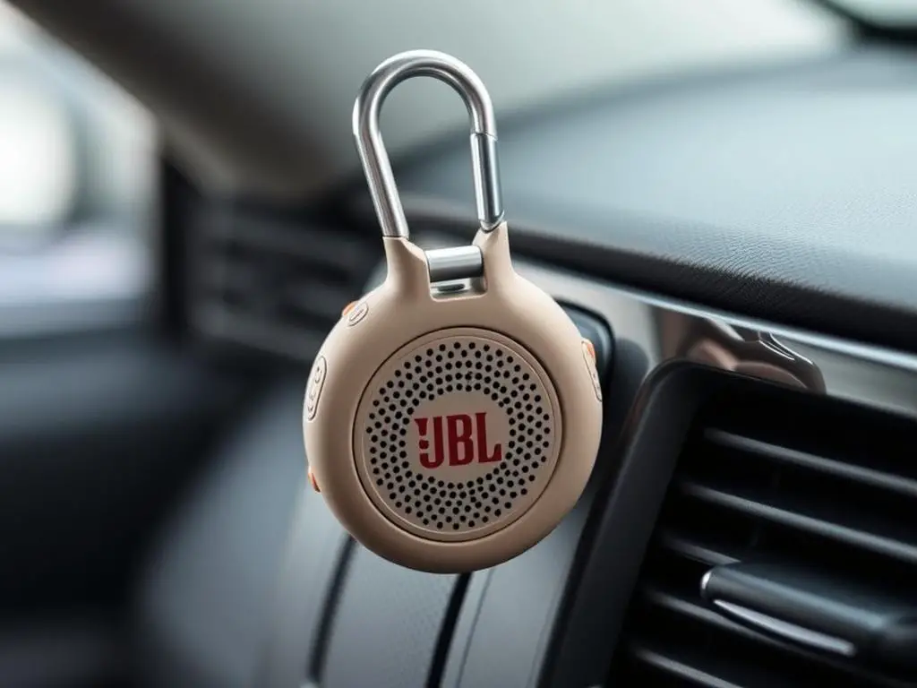 JBL Clip 5 portable Bluetooth speaker clipped to car air vent JBL Clip 5 portable Bluetooth speaker clipped to car air vent