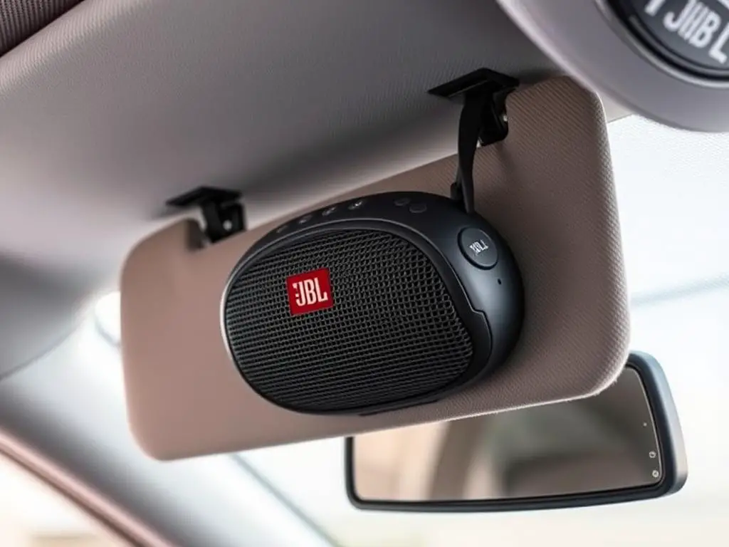 JBL Trip Pro Bluetooth Car Speaker mounted on sun visor showing controls and design JBL Trip Pro Bluetooth Car Speaker mounted on sun visor showing controls and design