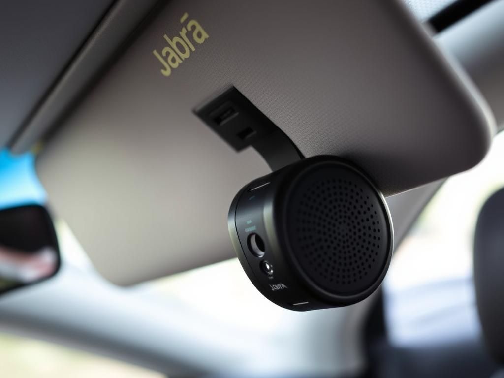 Jabra Tour Bluetooth in-car speakerphone mounted on sun visor Jabra Tour Bluetooth in-car speakerphone mounted on sun visor