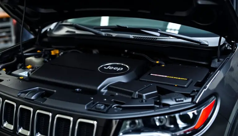 Jeep Compass with hood open showing engine bay and oil cap location