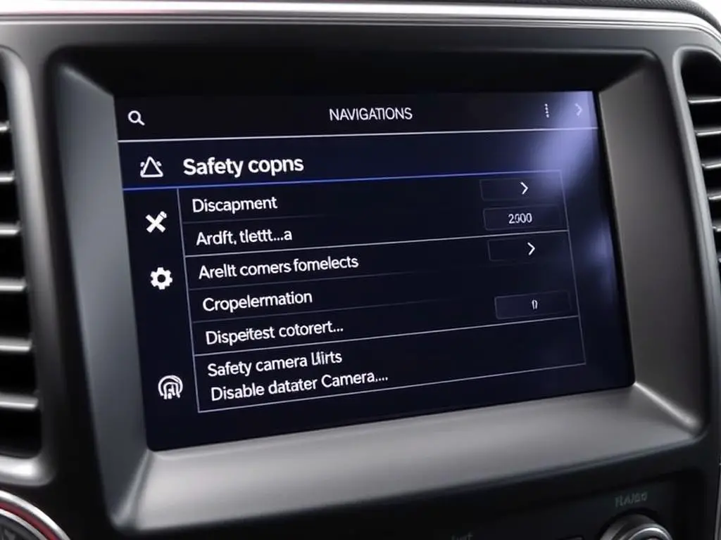 Jeep Grand Cherokee UConnect navigation system showing safety camera settings Jeep Grand Cherokee UConnect navigation system showing safety camera settings