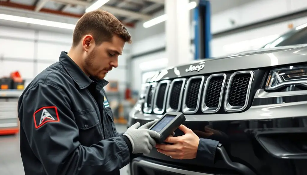 Jeep Grand Cherokee being serviced by a certified technician Jeep Grand Cherokee being serviced by a certified technician