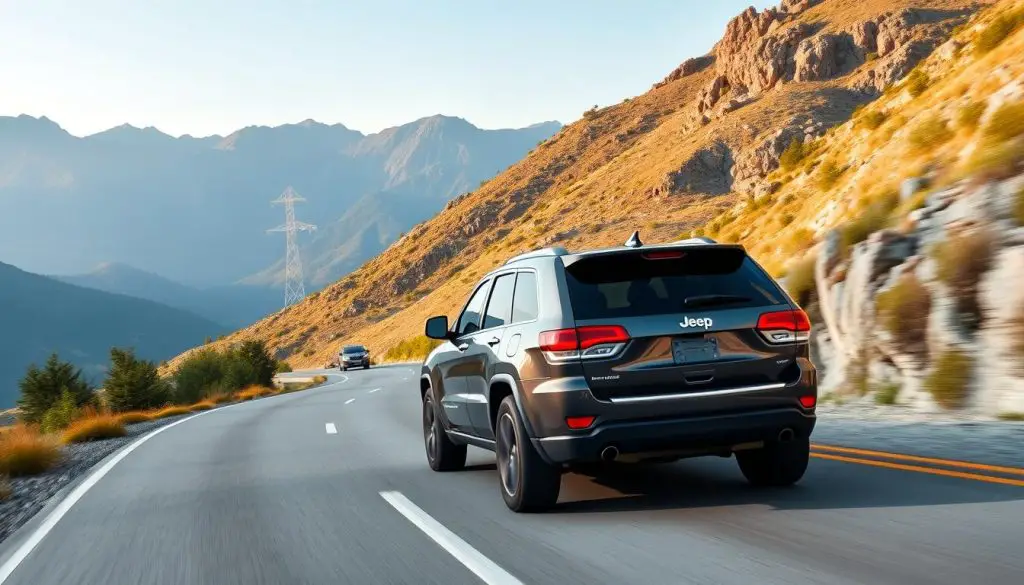 Jeep Grand Cherokee driving on a scenic road without any warning beeps Jeep Grand Cherokee driving on a scenic road without any warning beeps