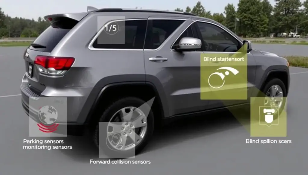 Jeep Grand Cherokee with various external sensors highlighted Jeep Grand Cherokee with various external sensors highlighted