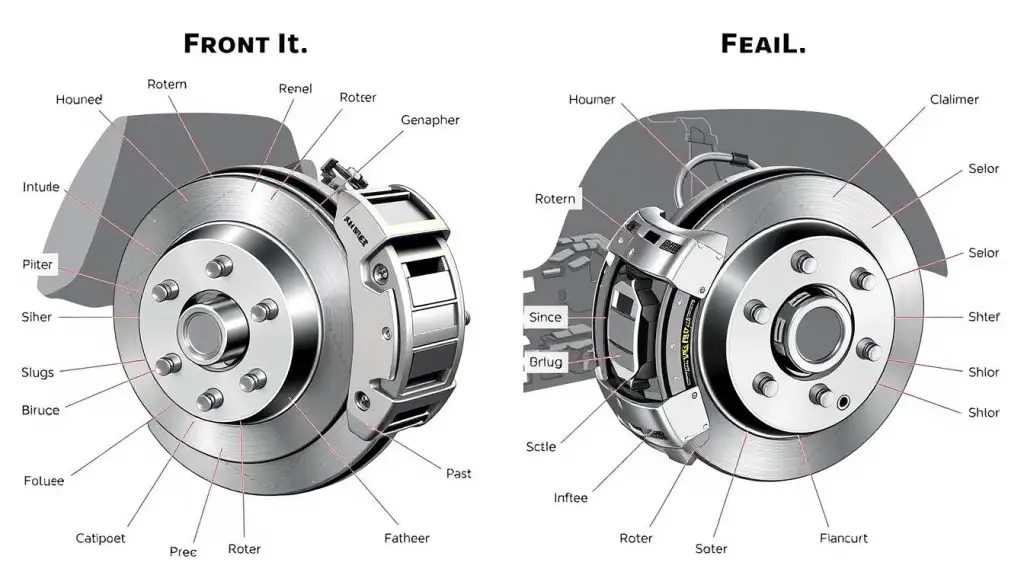 Jeep Wrangler front and rear brake assembly showing the differences in components and design Jeep Wrangler front and rear brake assembly showing the differences in components and design