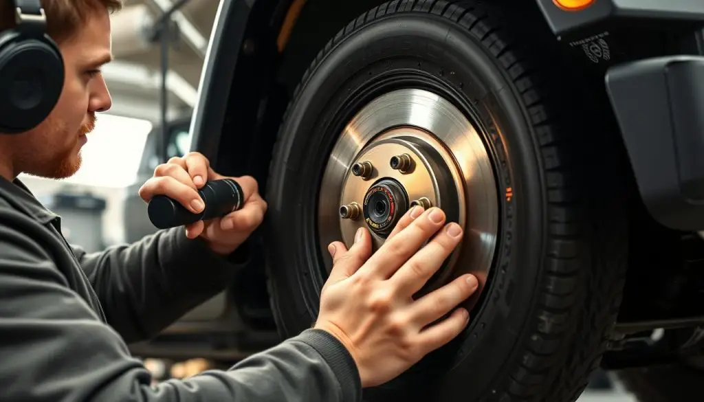 Jeep Wrangler owner performing basic brake maintenance and inspection Jeep Wrangler owner performing basic brake maintenance and inspection