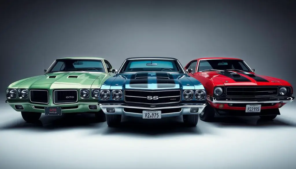 Lineup of 1970 muscle cars including Pontiac GTO, Chevelle SS, and Mustang Boss 302 Lineup of 1970 muscle cars including Pontiac GTO, Chevelle SS, and Mustang Boss 302