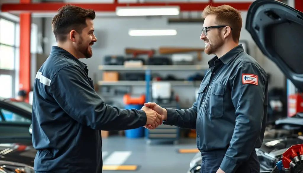 Mechanic and customer having a friendly conversation after car service Mechanic and customer having a friendly conversation after car service