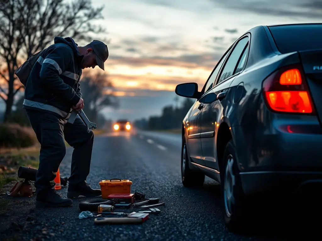Mechanic helping customer with emergency roadside repair Mechanic helping customer with emergency roadside repair