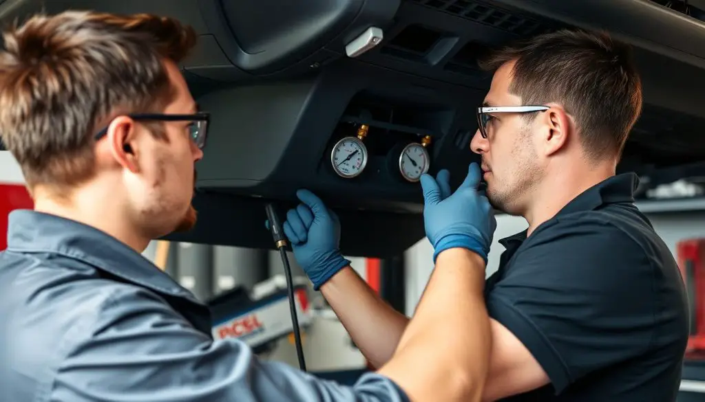 Mechanic troubleshooting car AC pressure issues Mechanic troubleshooting car AC pressure issues