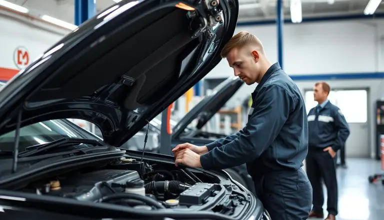 Mechanic working on a car engine with customer watching