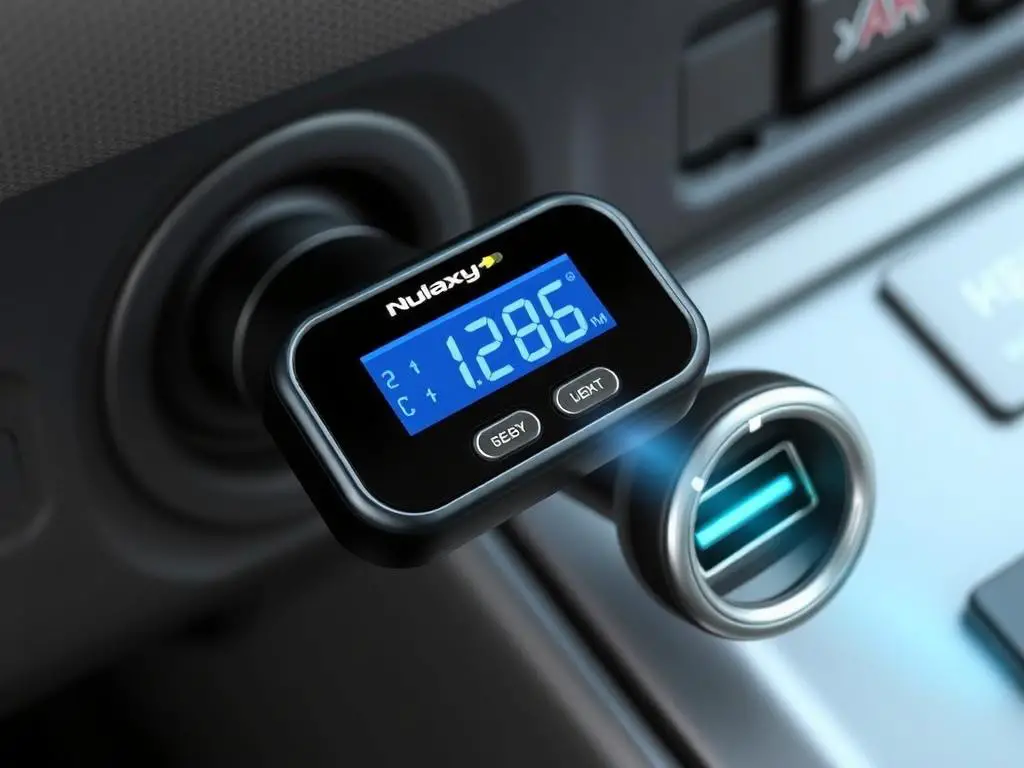 Nulaxy KM29 Bluetooth FM Transmitter showing display and controls Nulaxy KM29 Bluetooth FM Transmitter showing display and controls