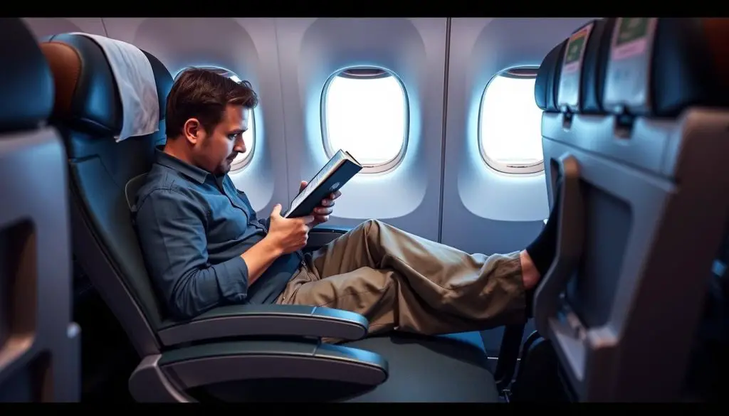 Passenger comfortably seated in an exit row seat on a Boeing 737-800 with ample legroom Passenger comfortably seated in an exit row seat on a Boeing 737-800 with ample legroom