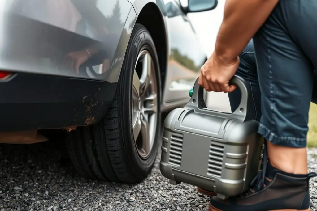 Person checking tire pressure on the side of a road Person checking tire pressure on the side of a road