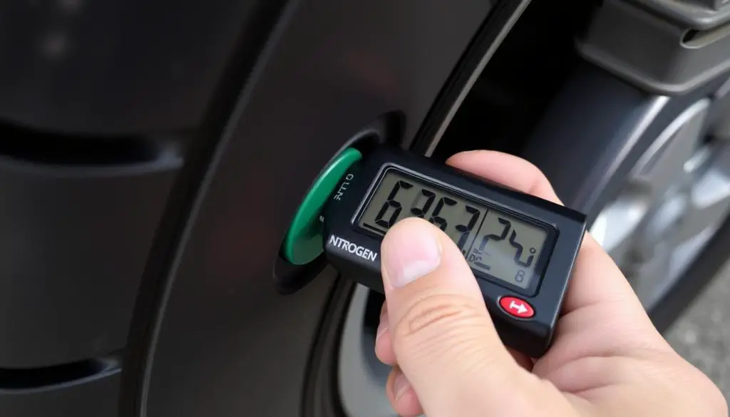 Person checking tire pressure with a digital gauge Person checking tire pressure with a digital gauge