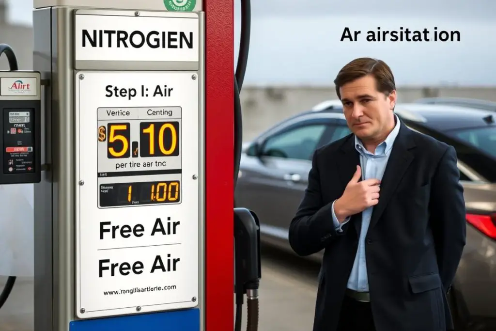 Person comparing costs of nitrogen vs air inflation Person comparing costs of nitrogen vs air inflation
