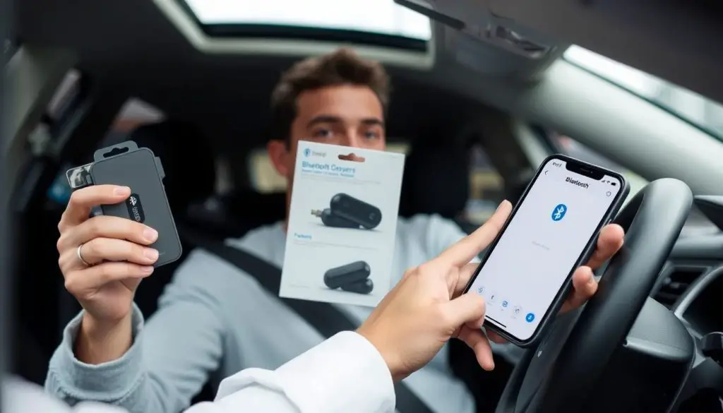 Person comparing different car Bluetooth devices in a car Person comparing different car Bluetooth devices in a car