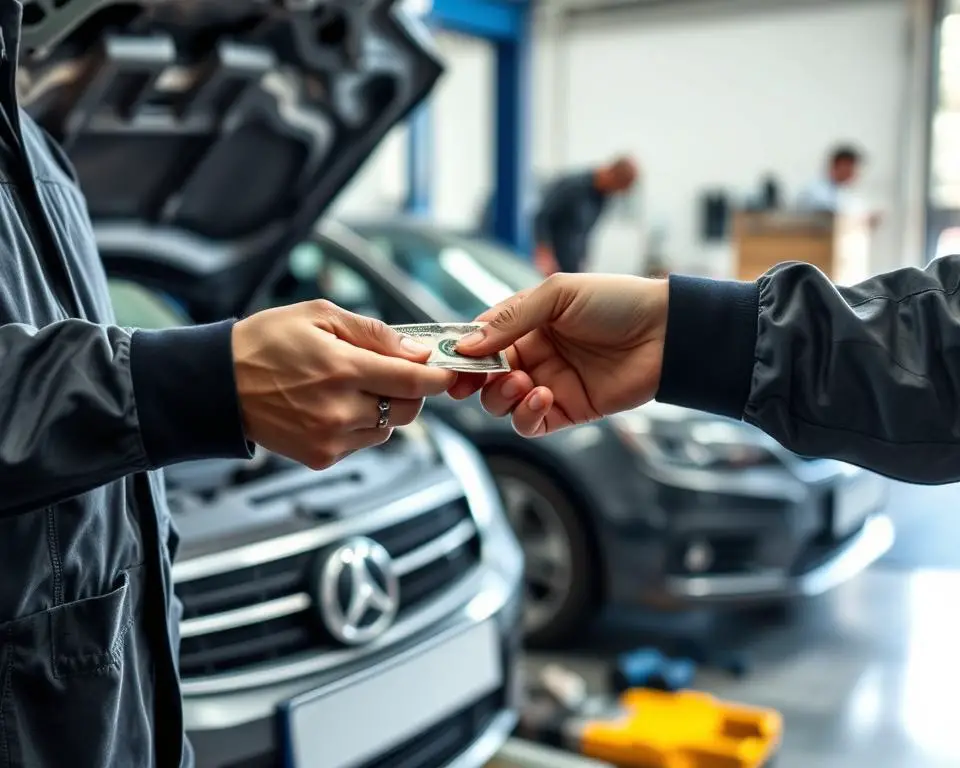 Person handing cash tip to a mechanic after service Person handing cash tip to a mechanic after service