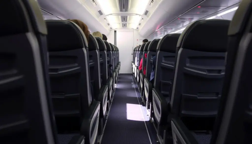 Premium Economy section on a Boeing 737-800 showing seats with additional legroom compared to standard economy Premium Economy section on a Boeing 737-800 showing seats with additional legroom compared to standard economy