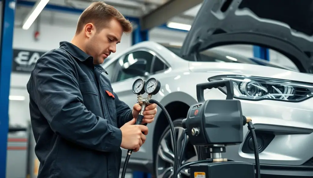 Professional mechanic performing AC system maintenance Professional mechanic performing AC system maintenance