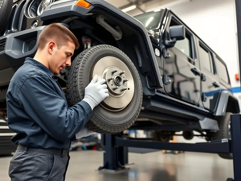Professional mechanic replacing brakes on a Jeep Wrangler in a service center Professional mechanic replacing brakes on a Jeep Wrangler in a service center