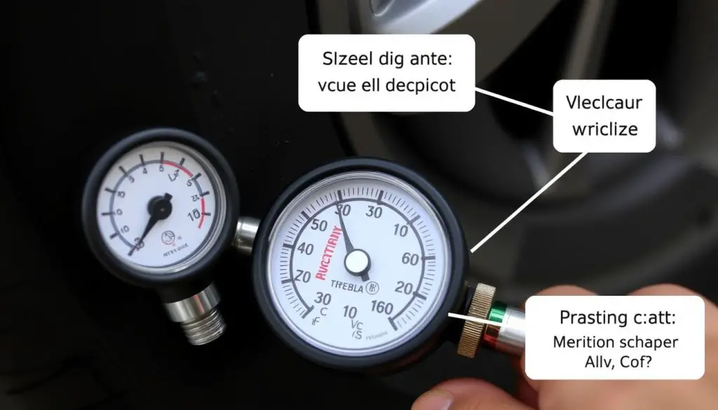 Properly maintained tires with pressure gauge Properly maintained tires with pressure gauge