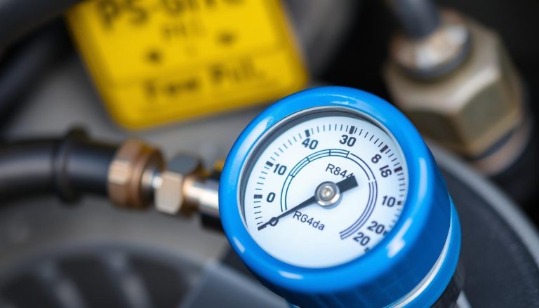 R134a pressure gauge connected to car AC system
