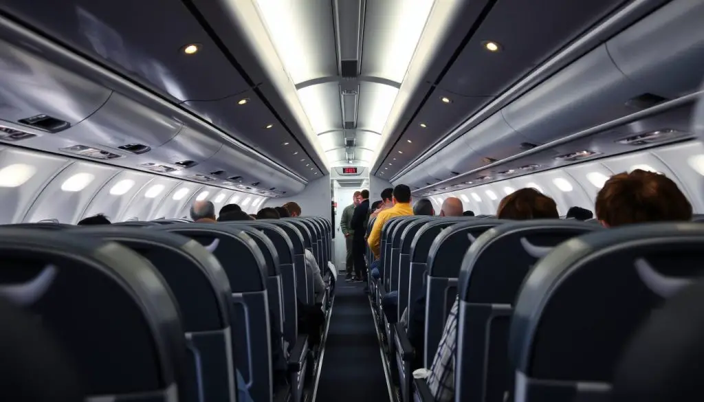 Rear economy seats on a Boeing 737-800 near the lavatories showing the limited space and proximity to high-traffic areas Rear economy seats on a Boeing 737-800 near the lavatories showing the limited space and proximity to high-traffic areas