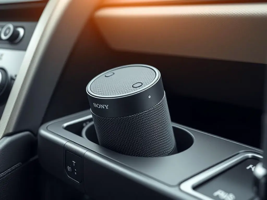 Sony SRS-XB100 portable Bluetooth speaker mounted in car cup holder Sony SRS-XB100 portable Bluetooth speaker mounted in car cup holder